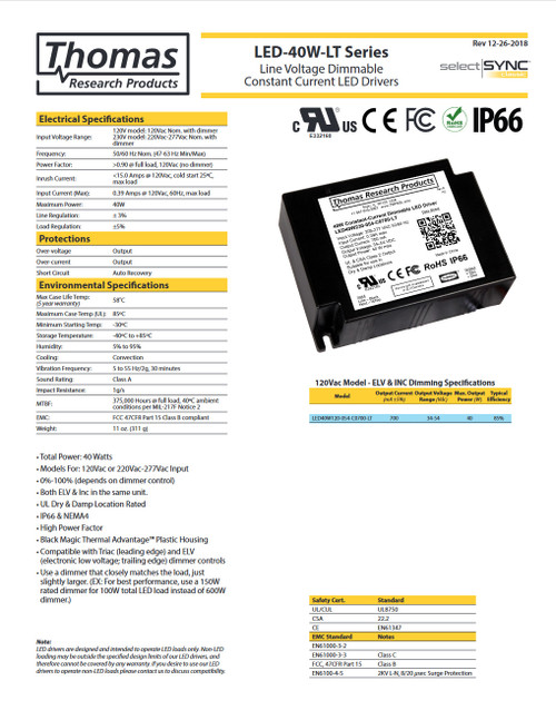 Hubbell Thomas Research Products LED 40W120-054-C0700-LT Constant Current, Line Voltage Dimmable Driver