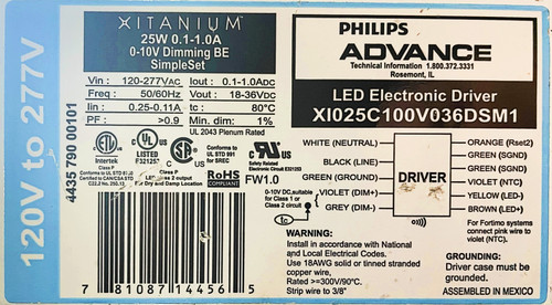 Philips Advance Xitanium XI025C100V036DSM1 LED Electronic Driver, 25 watt, 0-10v Dimming, SimpleSet Programmable, Bottom Entry