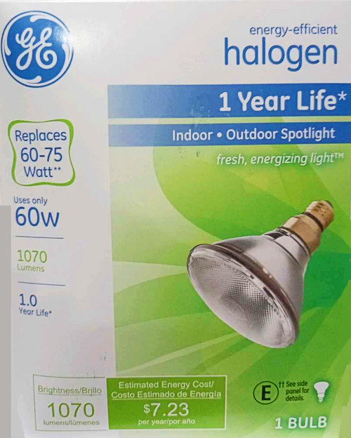 (6 bulbs) GE Halogen PAR 38, 60 watt, Medium Screw Skirted, 2900K warm white, Indoor Outdoor reflector spot, fresh energizing light