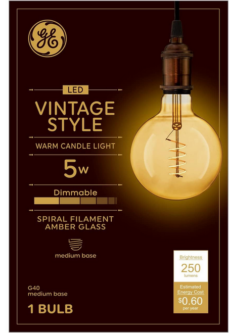 GE 36739 Vintage Style LED G40 Globe Light Bulb, Amber, Meandering Spiral filament, 5 watt, Dimmable GE 36739 Vintage Style LED G40 Globe Light Bulb, Amber, Meandering Spiral filament, 5 watt, Dimmable