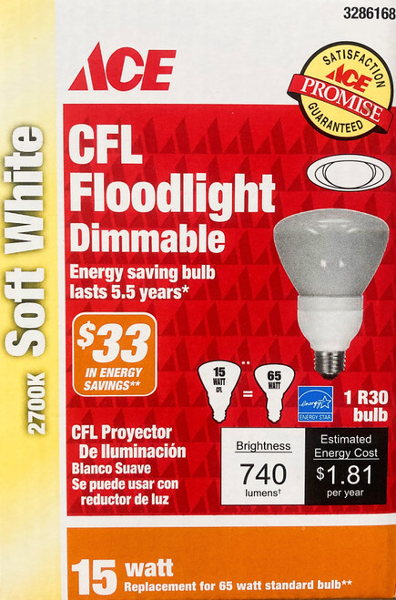 GE 76440 Ace R30 Dimmable CFL Flood Light ,15 Watt , Soft White 2700K, 740 lumens, Compact Fluorescent Bulb