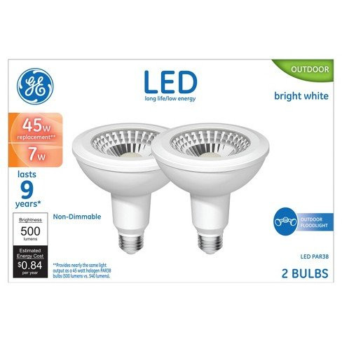 (2 bulbs) GE 96975 LED PAR38 Floodlight, 45 watt equivalent, 500 lumens, 3000K warm bright white, non dimmable, Indoor Outdoor LED Floodlight