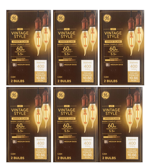 (case of 12 bulbs) GE Vintage LED Decorative Light Bulbs, 5.5 Watts (60 Watt Equivalent) Warm Candle Light 2000K, Amber Glass, Medium Base, Dimmable  