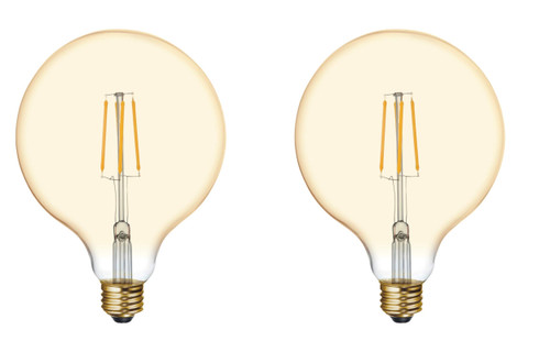 (2 bulbs) GE Lighting 42184 Clear Finish Light Bulb Dimmable LED Vintage Style G40 5.5 (60-Watt Replacement), 400-Lumen Medium Base, Amber Glass
