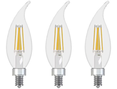 (3 bulbs) GE refresh LED Energetic Daylight LED CAC Lightbulb, candelabra base, 60 watt equivalent, Dimmable, clear finish, HD Light, LED Decorative, bent tip chandelier light bulb