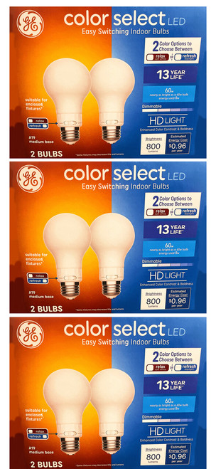 (case of 6 bulbs) GE color select LED Indoor LED Light Bulbs, A19, relax or refresh, 2 color options on each bulb, HD Light, Dimmable, 800 Lumens, 60 watt replacment unique colorselect LED Light Bulb