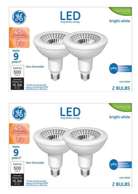 (4 bulbs) GE 96975 LED PAR38 Floodlight, 45 watt equivalent, 500 lumens, 3000K bright white, non dimmable, Outdoor LED Floodlight