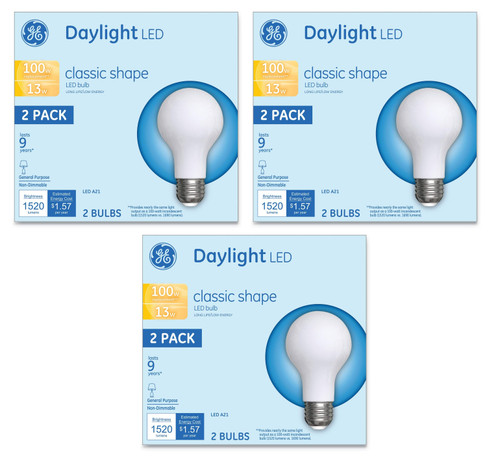 (6 bulbs) GE 31186 LED A2, 5000K Daylight, 13 watts, 100 watt equivalent, non-dimmable