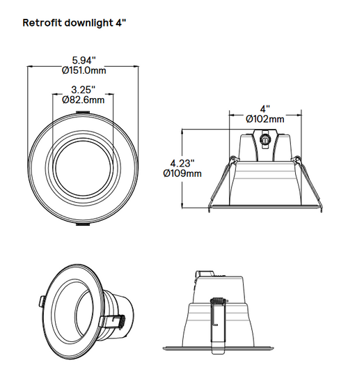 Philips Lightolier Commercial/Residential retrofit LED Downlight adjustable lumens and CCT, 4 inch round, 0-10V Dimming, 3000K/3500K/4000K field selectable color temp, 120/347V, White LED Luminaire