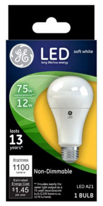 GE 65721 LED A21, 12 watt (75 watt equivalent) soft white A21, non-dimmable, LED light bulb