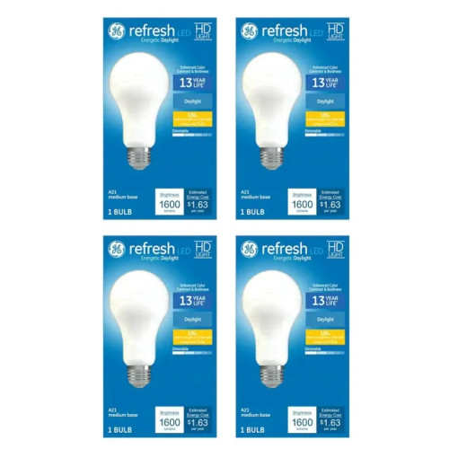 (4 bulbs) GE refresh LED A21 1600 lumens, 100 watt equivalent using only 13.5 watts, bright energetic daylight 