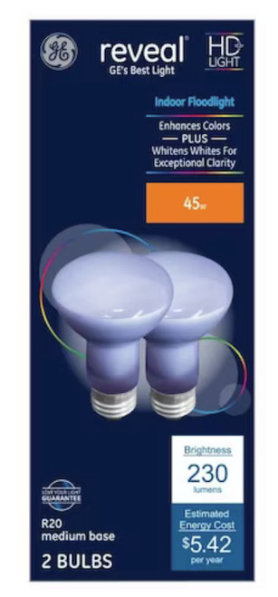 (2 bulbs) GE 42740 Reveal R20 Color Enhancing Dimmable R20 Flood Incandescent Light Bulb, medium base