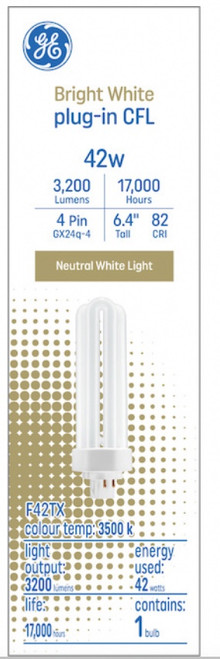 GE 93118251 Bright White 42 Watt Plug-in CFL GX24q-4 Base,  3500K Neutral Bright White, 6.4-inch F42TBX Light Bulb, 4 pin Plug-in (1-Pack)