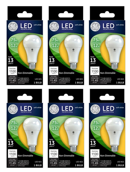 (6 bulbs) GE Lighting 65721 LED A21, 12 watt (75 watt equivalent) soft white A21, non-dimmable, LED light bulb, 1100 lumens