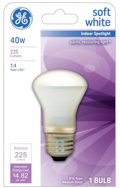 GE 64549 Soft White R16, 40-Watt, 225 lumen, Medium Base (E-26) Dimmable Incandescent Light Bulb