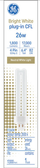 GE Bright White 26 watt Plug-in CFL, G24q-3 base, 6.4 inch, F26DX 3500K, 1800 lumen, compact fluorescent light bulb 