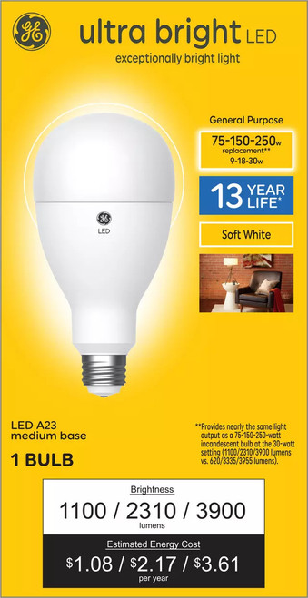 Plump GE ultra bright LED 3-way light bulb, 75/150/250 watt replacement, Soft White, 1100/2310/3900 lumens, exceptionally bright LED A23, frost finish, irregular size
