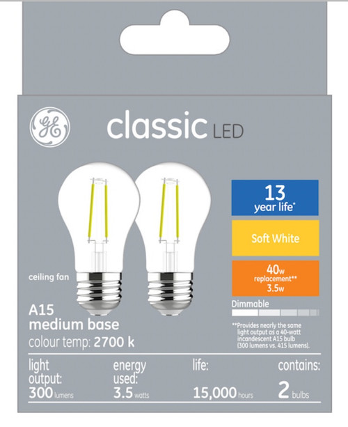 (2 bulbs) GE classic LED A15, 3.5 watt, 300 lumen 40 watt replacement, Dimmable, medium base, soft white 2700K Ceiling Fan Light bulb