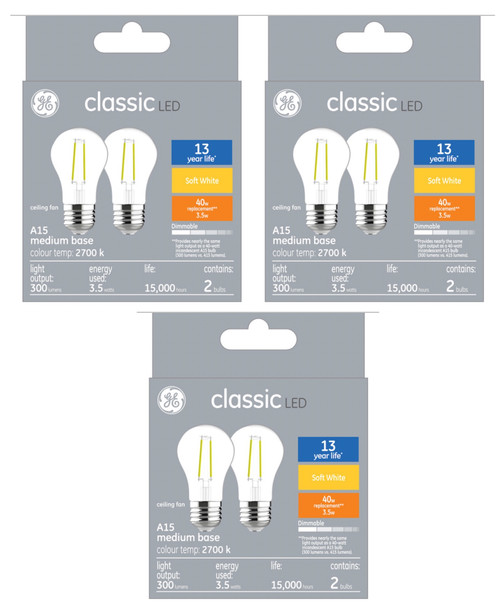 (6 bulbs) GE classic LED A15, 3.5 watt, 300 lumen 40 watt replacement, Dimmable, medium base, soft white 2700K Ceiling Fan Light bulb