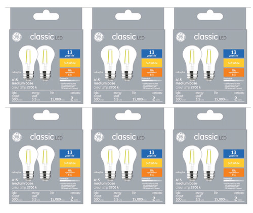 (12 bulbs) GE classic LED A15, 3.5 watt, 300 lumen 40 watt replacement, Dimmable, medium base, soft white 2700K Ceiling Fan Light bulb