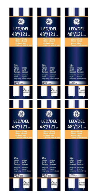 (12 tubes) GE LED Tube T8, 48 inch, 3000K warm white, 15 watts, 1800 lumens, Type A plug and play fast and easy LED upgrade for 4-ft T8 fluorescent lamps (requires compatible existing ballast)
