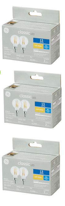 (6 bulbs) GE LED Decorative G16.5 Globe, 60 watt equivalent using only 5.5 watts, 500 lumens, 2700K Golden Soft White, Dimmable, Candelabra base, 13 year life