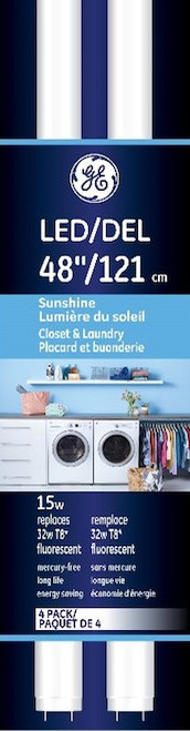 (4 tubes) GE Lighting T8 LED Tube Type A, 48 inch, 15 watt, 1800 lumens, 5000K Sunshine Cool White, fast and easy LED upgrade for 4-ft T8 fluorescent lamp, 