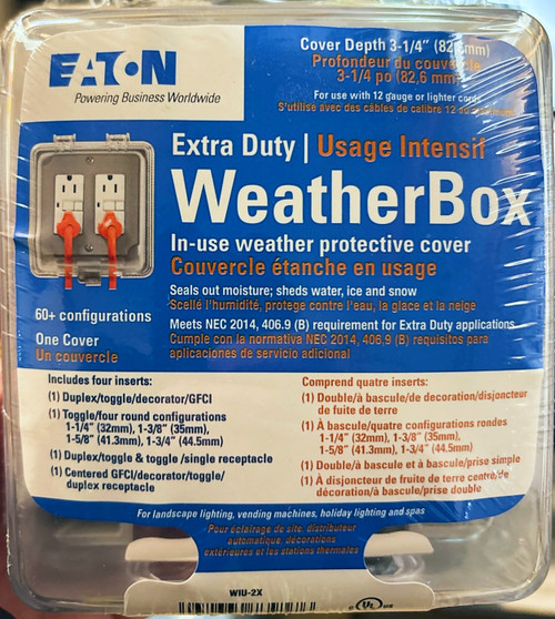 EATON WIU-2X Extra Duty while-in-use weather protective cover, 2-Gang, Self-Closing Weatherproof Cover, Clear, with Gasket, includes 4 inserts