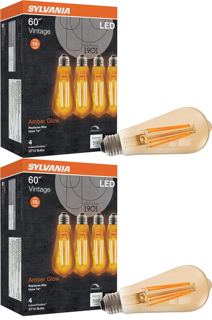 (case of 8 bulbs) SYLVANIA LED Vintage Filament ST19 Light Bulb, 60 watt equivalent using only 7 watts, Medium Base, 590 Lumens, Dimmable, 2175K, Amber Glow (40329)