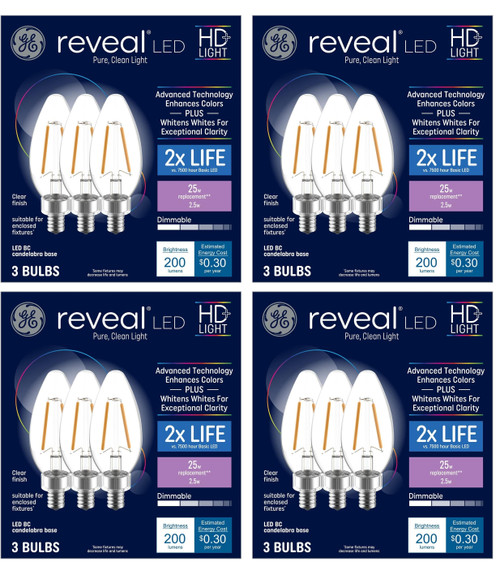 (12 bulbs) GE 42465 Reveal LED Chandelier Bulb, 200 lumens, 2.5 watts, candelabra base, blunt tip, clear Color-Enhancing HD Light, Dimmable LED Candle Light Bulb