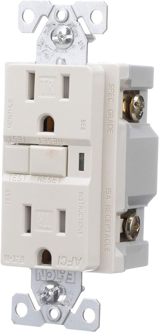 (case of 10) Eaton TRAFCI15LA 15 Amp Tamper Resistant AFCI Receptacle, Visual trip indicator light, 15A, 125V, two pole three wire, grounding, Light Almond Finish