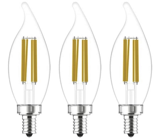 (3 bulbs) GE ultra bright LED 75-Watt equivalent, Soft White Chandelier Light Bulb, Candelabra Base, Dimmable, 7.5 watt, 810 lumen LED ultrabright, bent tip, clear Decorative bulb