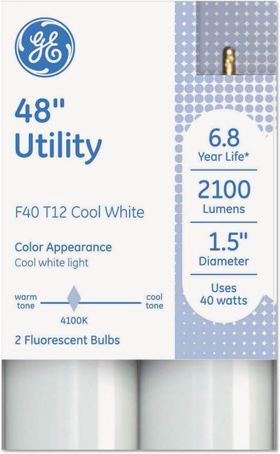 (pack of 2) GE F40T12 Fluorescent Bulbs, 48 inch Linear Fluorescent T12, 40 watts, 2100 lumens, 4100K Cool White, great for Utility and WorkSpaces, refreshing light