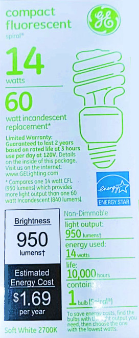 GE 94543 Compact Fluorescent 14 watt Light Bulb,  FLE14HT3/2/827 T3 Spiral Curlicue Compact Fluorescent Lamp, medium base, 2700K, 950 lumens