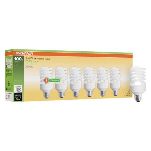 (pack of 6 bulbs) Sylvania CFL 100W Replacement, Soft White 2700K, Medium Base, 23 watt efficient, 1600 lumens, Compact Fluorescent Light Bulb