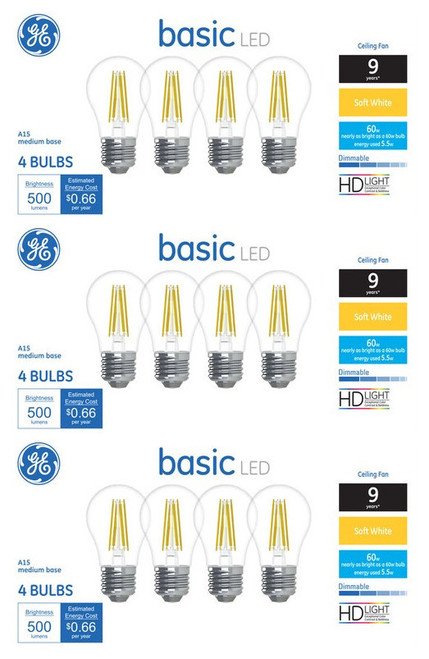 (12 bulbs) GE basic LED A15, Dimmable, 60 watt equivalent, 500 lumens, soft white LED ceiling fan Light bulb