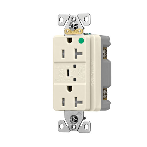 Eaton TR8362LAS 20 Amp Surge Protection receptacle, Hospital Grade, Tamper Resistant, w/ Audible alarm and LED indicators, Light Almond, 2 pole, 3-wire, grounding, 125V, Back and Side Wire