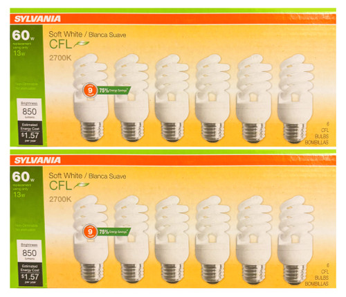 (12 bulbs) Sylvania CFL T2 Twist Light Bulb, 2700K Soft White, 60 watt Equivalent, Efficient 13 watts, 850 Lumens, medium base - 12 pack Compact Fluorescent