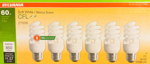 Sylvania CFL T2 Twist Light Bulb, 2700K Soft White, 60 watt Equivalent, Efficient 13 watts, 850 Lumens, medium base Compact Fluorescent (pack of 6 bulbs)