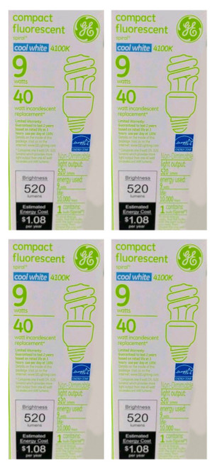 (case of 4) GE 42171 T3 Spiral CFL, Self-Ballasted, Medium Screw (E26) Base, 40 watt equivalent, Cool White, 9 watts, 520 lumens Compact Fluorescent Light Bulb