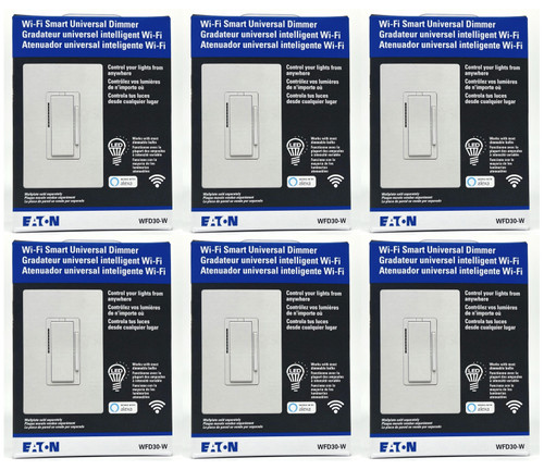 (case of 6) Eaton WFD30-W-BX-L Wi-Fi Smart Universal Dimmer Works with Alexa, White, Control your Lights From Anywhere