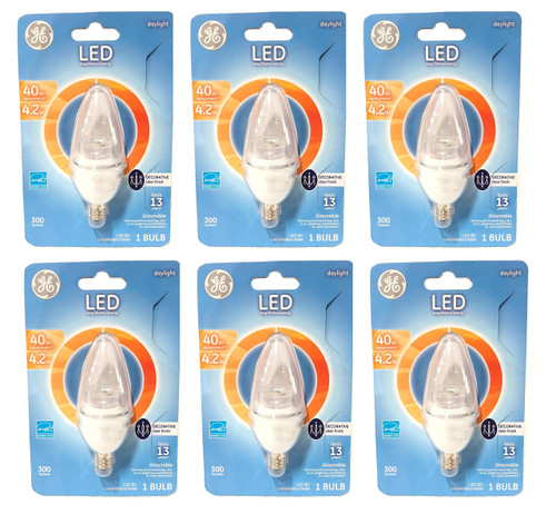 (pack of 6 bulbs) GE 37152 LED Decorative Light Bulb, Candle shape, Candelabra base, Daylight, 4.2 watt LED Light Bulb