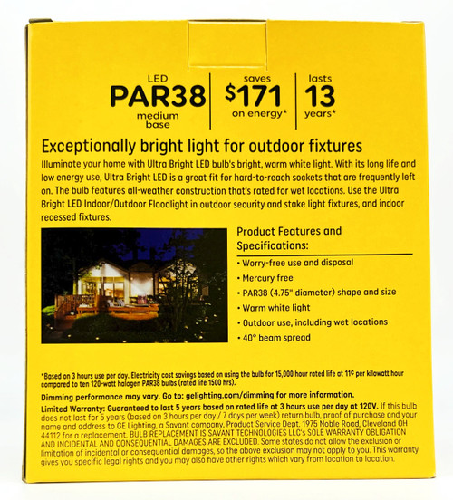 GE Lighting 37644 Ultra Bright LED Par38 Indoor/Outdoor Flood Light, 16 watt, 1400 lumens,  Dimmable, Warm White