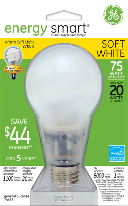 GE Lighting 74438 Energy Smart CFL 20-Watt (75-watt replacement) 1100-Lumen A21 Light Bulb with Medium Base, 1-Pack