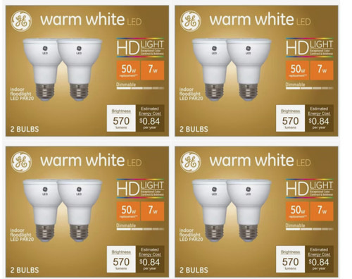 (8 bulbs) GE Lighting warm white LED PAR20 indoor floodlight, 50 watt replacement using only 7 watts, 570 lumens, Exceptional Color Contrast and Boldness, Dimmable LED light bulb