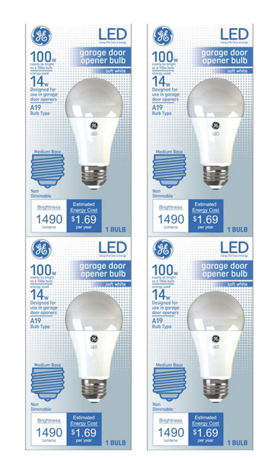 (case of 4) GE Lighting LED A19 Garage Door Opener Bulb, Frosted Soft White, 1490 Lumens, 14-Watts, rough service, heavy duty to withstand vibration and cooperate with garage door opener