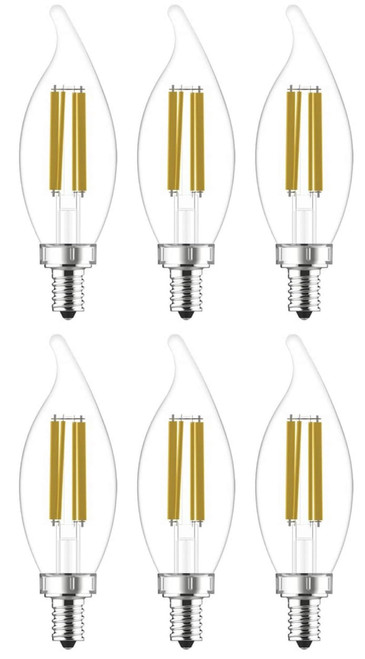 (6 bulbs) GE ultra bright LED 75-Watt equivalent, Soft White Chandelier Light Bulb, Candelabra Base, Dimmable, 7.5 watt, 810 lumen LED ultrabright, bent tip, clear Decorative bulb