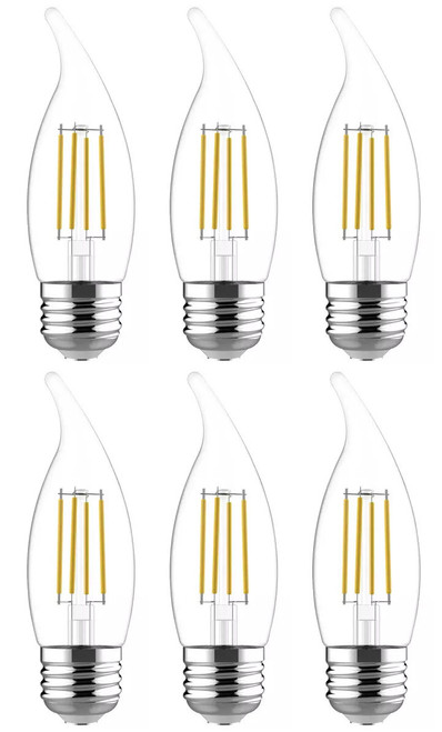 (6 bulbs) GE refresh LED cool white chandelier bulbs, 60 watt equivalent, 5.5 watt, 500 lumens, Dimmable, medium base (CAM) LED 6500K arctic white decorative bulb