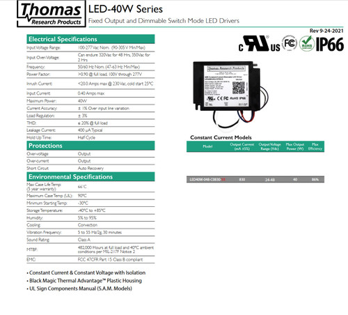 Hubbell Thomas Research LED40W-C0830-D Fixed Output Dimmable Switch Mode LED Driver, 40 watt