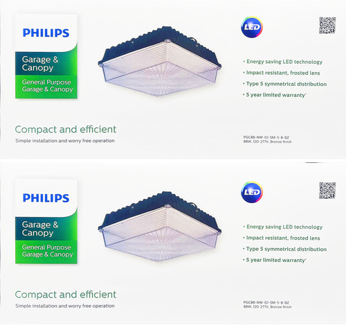 (quantity of 2) Philips Garage & Canopy LED Light, 88 watt, frosted lens, 4000K Neutral White, 10500 lumens, PGC88-NW-G1-SM-5-8-BZ, surface mount